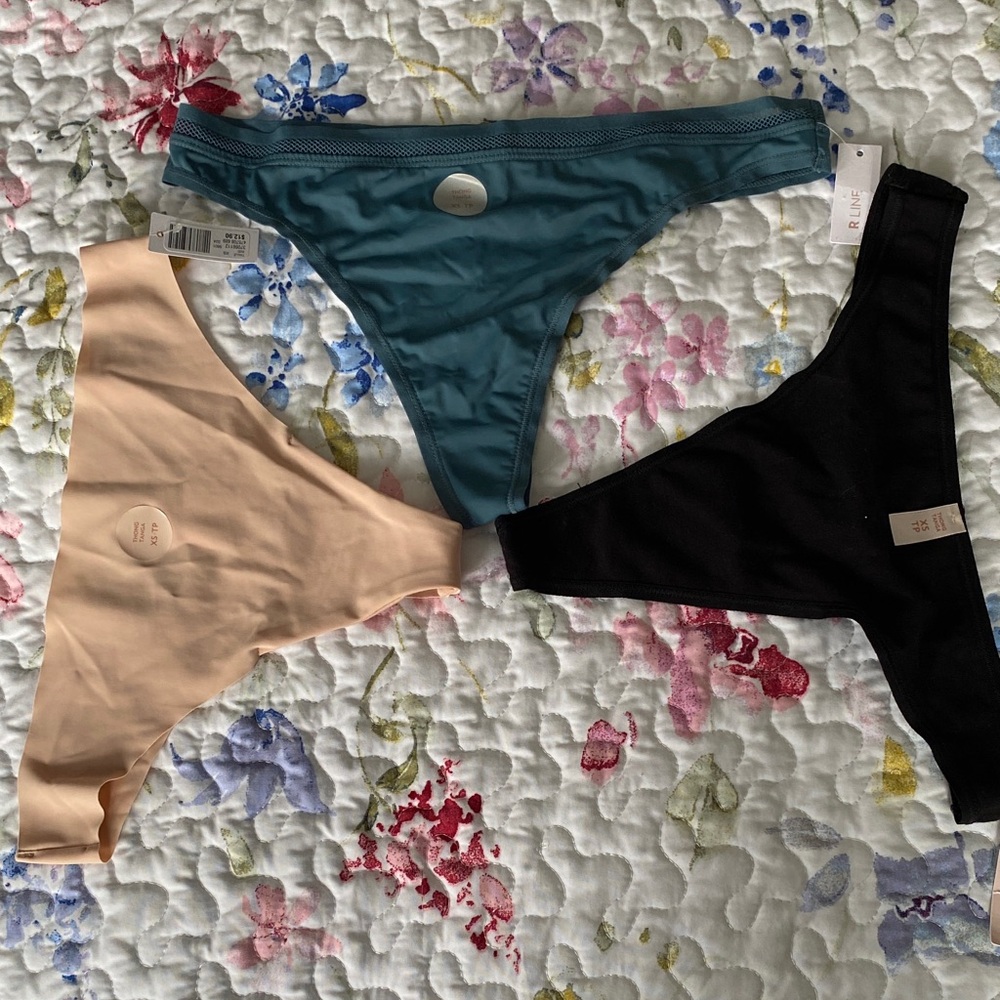 Set of Three Thong Panties - Black, nude , Teal 3 different materials & design.